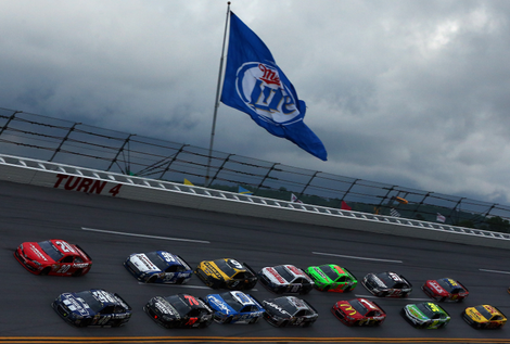 Imagine this Talladega Superspeedway turn with twice the banking. Photo credit: Tom Pennington/Stringer/Getty Images